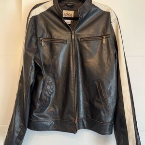 Men’s Black and White Vegan Leather Motorcycle Rustic Worn Style Jacket - Size L